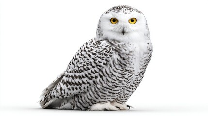 Fototapeta premium A majestic snowy owl with striking yellow eyes sits attentively against a clean white background