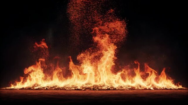 Intense Fire Line Burning Slowly with Smoke and Embers, Cinematic Motion, Stock Footage