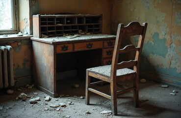 Dilapidated wooden desk, chair sit in dusty, debris-strewn room with peeling paint. Abandoned interior shows signs of decay, neglect. Forgotten furniture covered in grime, dust. Weathered scene