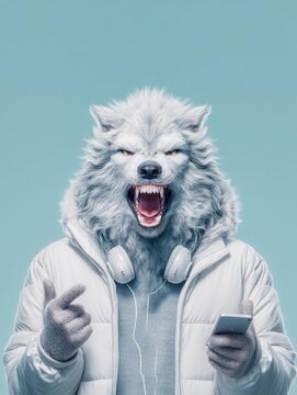 A cool wolf with headphones and a phone, making a gesture, against a serene blue backdrop.