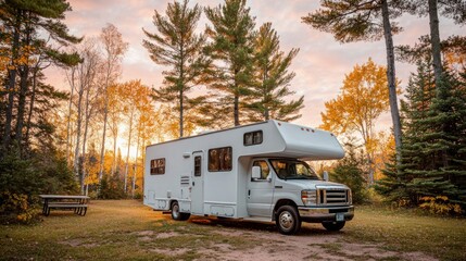 White RV parked in a forest campsite during autumn sunset with colorful trees