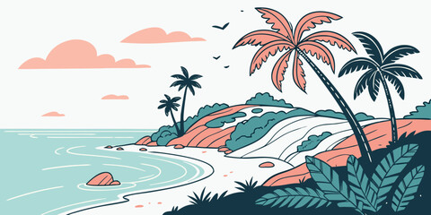 A serene beach scene with palm trees and a winding path Vector ©  MST RABEYA  BEGUM