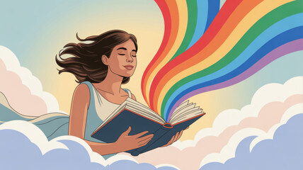 Woman reading book with rainbow colors emerging surrounded by clouds and sky