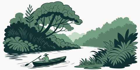 A serene jungle scene with a river and a boat Vector ©  MST RABEYA  BEGUM