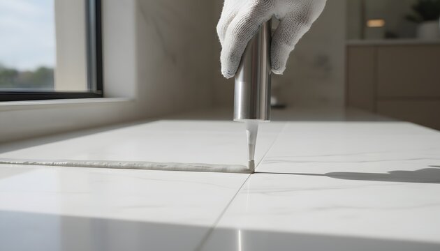 Professional plumber hand sealing grout lines in a modern kitchen or bathroom, emphasizing home repair and renovation concept with precision