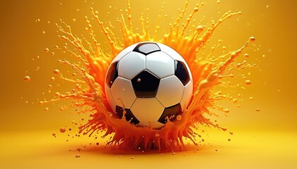 Naklejka premium Soccer ball hits orange liquid making vibrant splash. Dynamic sport action abstract art. Energetic fluid motion captured in studio. Game graphic background.