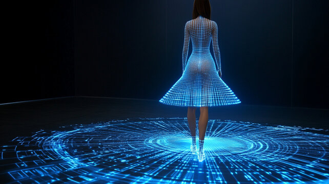 Futuristic fashion model, digital dress, glowing blue, technology inspired, runway show