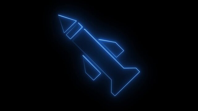 Neon blue color rocket icon on black background for technology and space concept. 4k animation video.