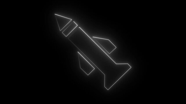 Neon white color rocket icon on black background for technology and space concept. 4k animation video.