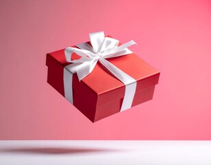 Fototapeta premium Red gift box, white ribbon, levitating, soft light, pink background creates a sense of joy and anticipation