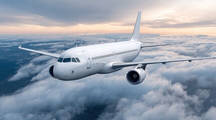Obraz premium White passenger airplane flying above clouds at sunset with dramatic sky