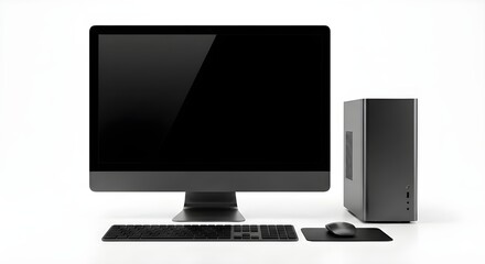 Fototapeta premium Desktop computer setup with monitor, keyboard, and system unit isolated on white background.