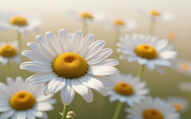 Fototapeta premium White daisies bloom softly in a sunlit field their yellow centers