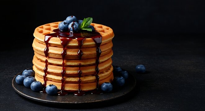 a stack of fluffy waffles with a rich, dark drizzle of chocolate syrup and a scattering of fresh blueberries. The setting is a dark, rustic surface with a single, sharp light source, creating deep sha