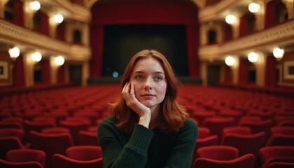 Naklejka premium Woman with red hair sits alone in a red velvet theater auditorium. She looks thoughtful while resting her chin on her hand. The stage is visible in the background.