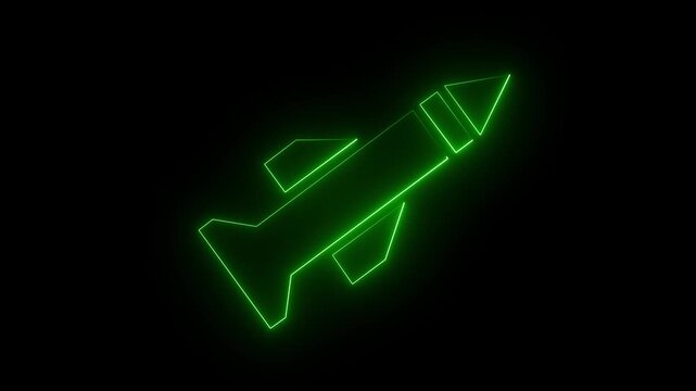 Neon green color rocket icon on black background for technology and space concept. 4k animation video.
