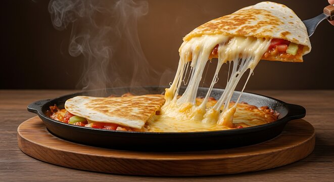 a sizzling, cheesy quesadilla being pulled apart, with the gooey cheese stretching out. Steam rises from the hot dish. The scene is on a rustic wooden table with a warm, inviting light, highlighting t