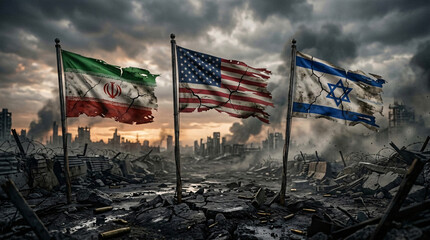 Plakat Iran, USA, and Israel tattered flags on poles amid war ruins, bullet casings, barbed wire, smoke, dark stormy sky.