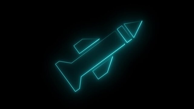 Neon navy blue color rocket icon on black background for technology and space concept. 4k animation video.