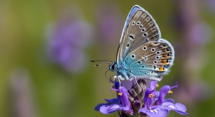 Obraz premium A delicate butterfly with iridescent blue and white wings perched on a vibrant purple flower, surrounded by a lush green meadow with tall grass and wildflowers.