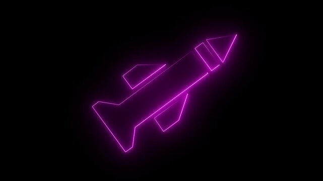 Neon violet color rocket icon on black background for technology and space concept. 4k animation video.