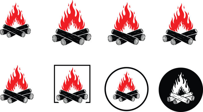 Campfire and bonfire silhouette icons, fireplace log burning vector illustrations, wood fire flame outdoor adventure symbols, minimalist camping heat graphics