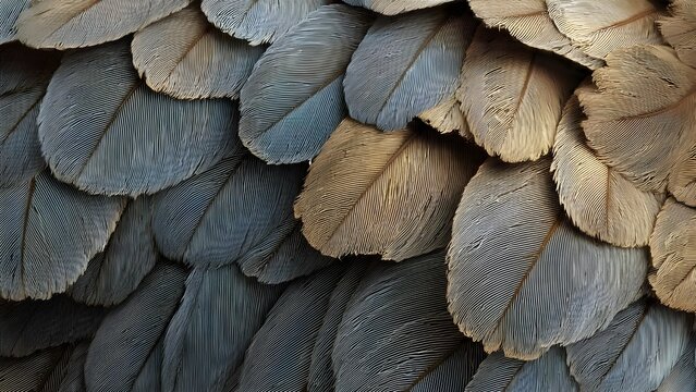 Extreme Close-up of Natural Bird Feathers Texture with Blue and Tan Details