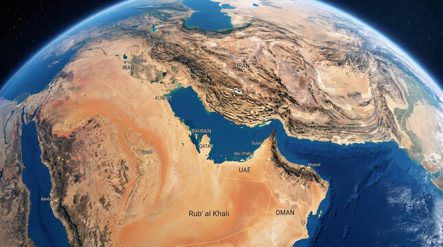 Satellite globe view of Middle East from space showing Iran, Iraq, Saudi Arabia, UAE, Kuwait, Qatar, Oman, Persian Gulf.