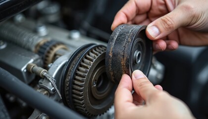 Close-up on hands checking worn car engine timing belt and gears. Mechanic inspects worn part for damage and potential replacement during auto repair service.