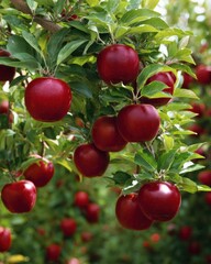 Obraz premium Organic red apples hanging from a tree branch in a lush orchard during autumn harvest for agricultural branding and fresh food marketing with soft natural light