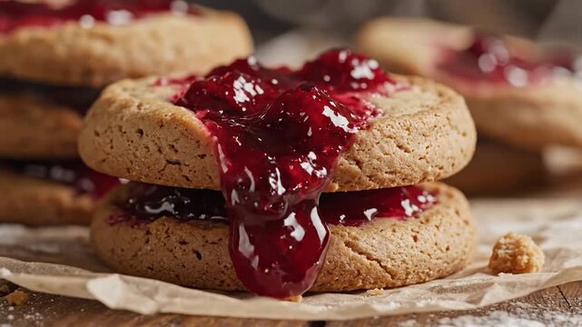 Warm, freshly baked cookies generously topped with sweet red berry jam