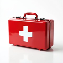 Obraz premium Red metal first aid kit with white cross symbol. Portable emergency medical box for accidents and injuries. Contains supplies for urgent care and treatment.