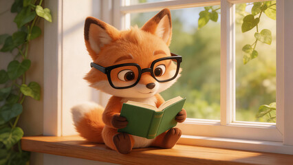 Obraz premium Adorable cartoon fox with glasses reads a green book on a wooden windowsill, surrounded by green vines and sunlight. Depicts education, literacy, and childlike curiosity in a cozy, whimsical setting.