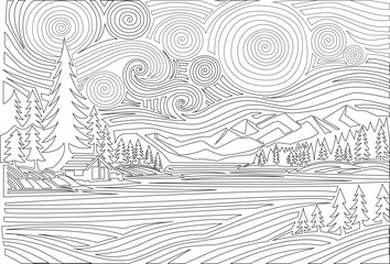 Fototapeta premium Abstract Line Art Landscape Coloring Page with Mountains and Forest Cabin