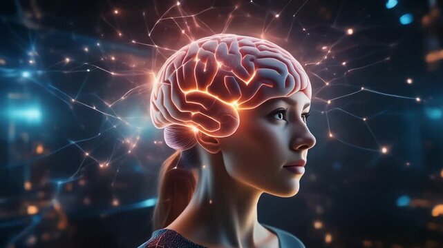 Abstract digital illustration of a woman's head with a glowing, interconnected brain symbolizing intelligence and artificial intelligence