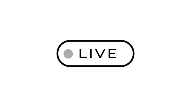 A minimalist black and white a rounded rectangle with a black outline containing the word LIVE in black text next to a solid black circle indicating an active broadcast on a clean white