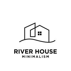 Naklejka premium Minimalist River House Logo Design with Abstract Geometric Houses and Waterline
