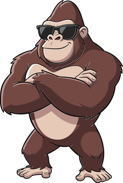 Cool cartoon gorilla with sunglasses, confident ape character illustration, strong monkey pose, funny jungle animal, vector design for kids