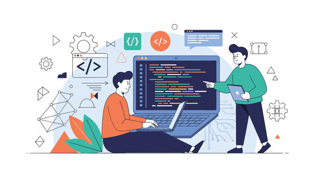 Skilled programmers collaborate on software development by writing code on a laptop while surrounded by various technical icons.