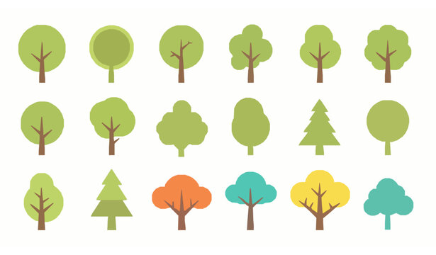 Colorful cartoon tree collection with different shapes simple forest plants vector illustration