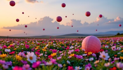 Obraz premium Whimsical Sunset Field with Floating Lanterns and Wildflowers