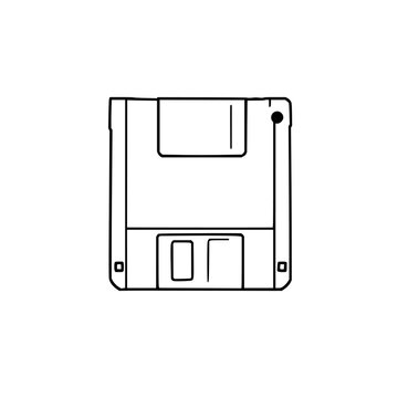 Geometric retro floppy disk icon vector with consistent stroke width on white background, perfect for vintage computer storage graphics