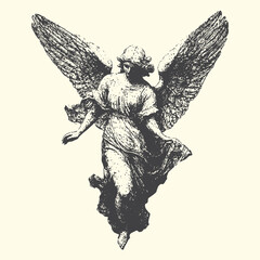 Obraz premium Detailed vector graphic illustration of a classical angelic figure with outstretched wings and flowing drapery, embodying grace and spirituality in a vintage art style.