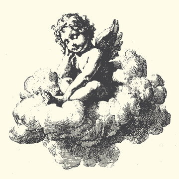 Elegant vector illustration depicting a thoughtful cherub with wings, gracefully seated on a whimsical cloud, evoking classical artistic charm, innocence, and serene contemplation.