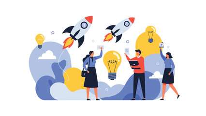 Fototapeta premium Innovative business team standing around giant lightbulbs while rockets launch symbolizing creative ideas and startup growth.