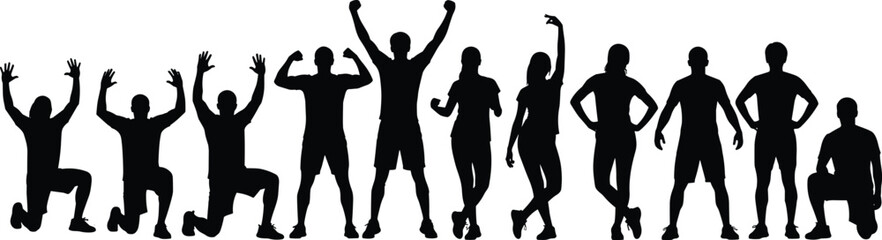 Silhouette of a diverse group of happy people celebrating success, fitness athletes posing, jumping, and cheering together in a row.