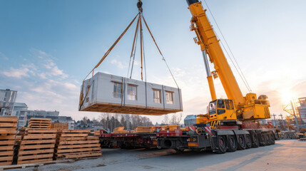 Crane lifting modular building unit at construction site during sunset with stacked pallets nearby