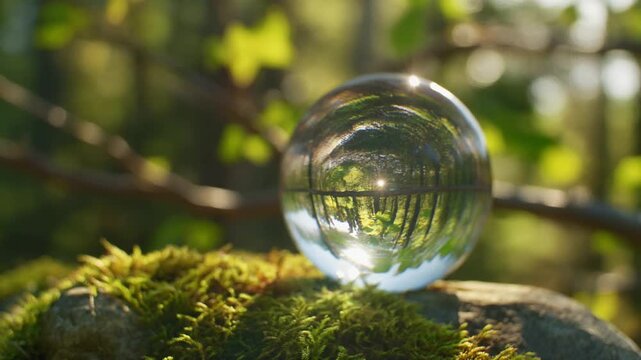 Crystal ball reflecting a sunlit forest path on mossy rock