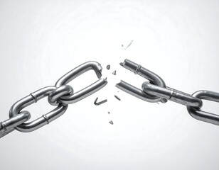 Obraz premium Shattered silver chain with broken links on a white background, freedom representation