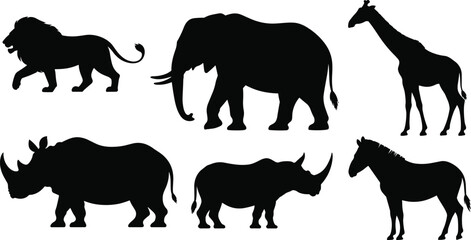 Wild Animal Silhouette Collection Featuring Lion, Elephant, Giraffe, Rhino, and Donkey Isolated for Safari, Wildlife, and Nature Design © rakib's world